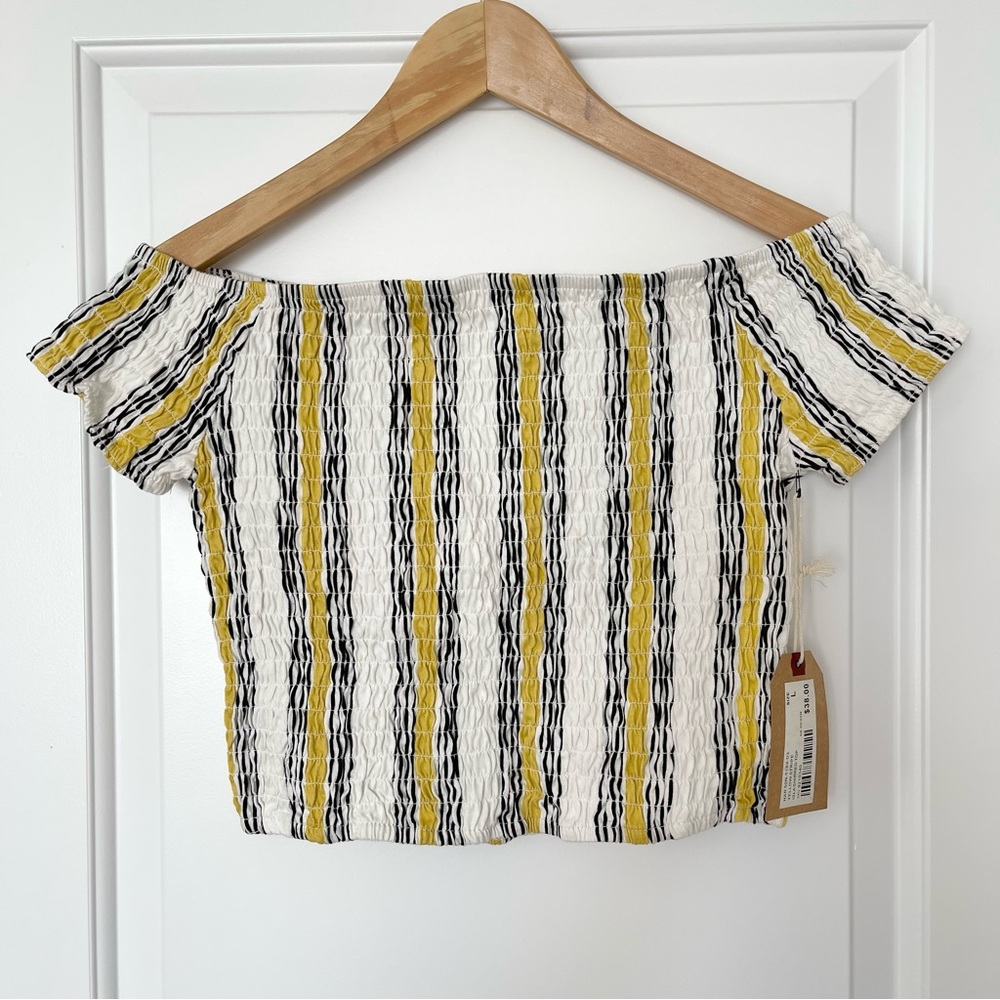 NWT Harlow yellow stripe isla shirred top, off shoulder smocked crop, large